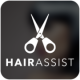 A pair of scissors with the words " hair assist ".