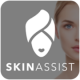 A woman with her eyes closed and the logo for skin assist.